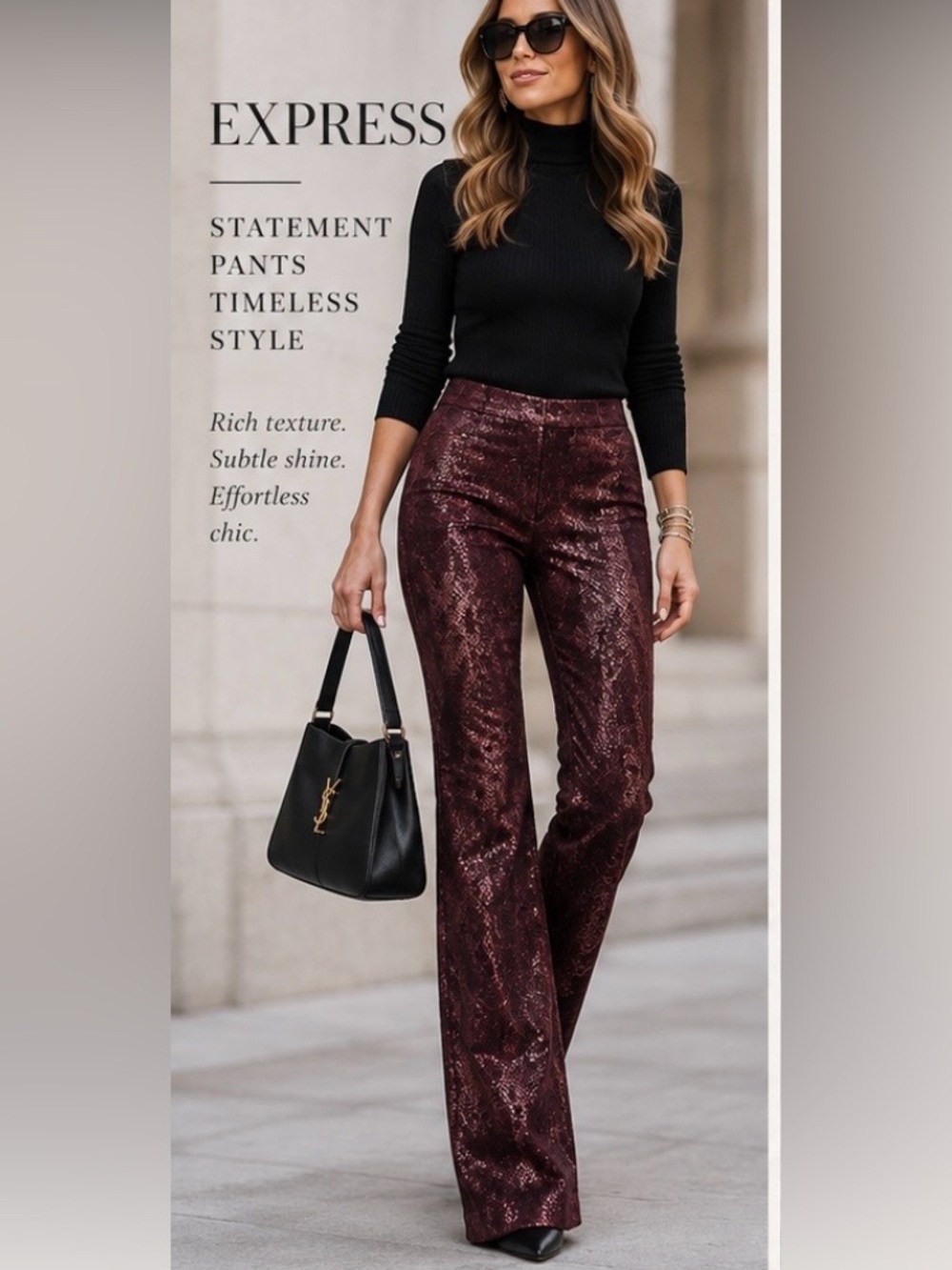 Express Metallic Burgundy Snake-Print Bootcut Pants